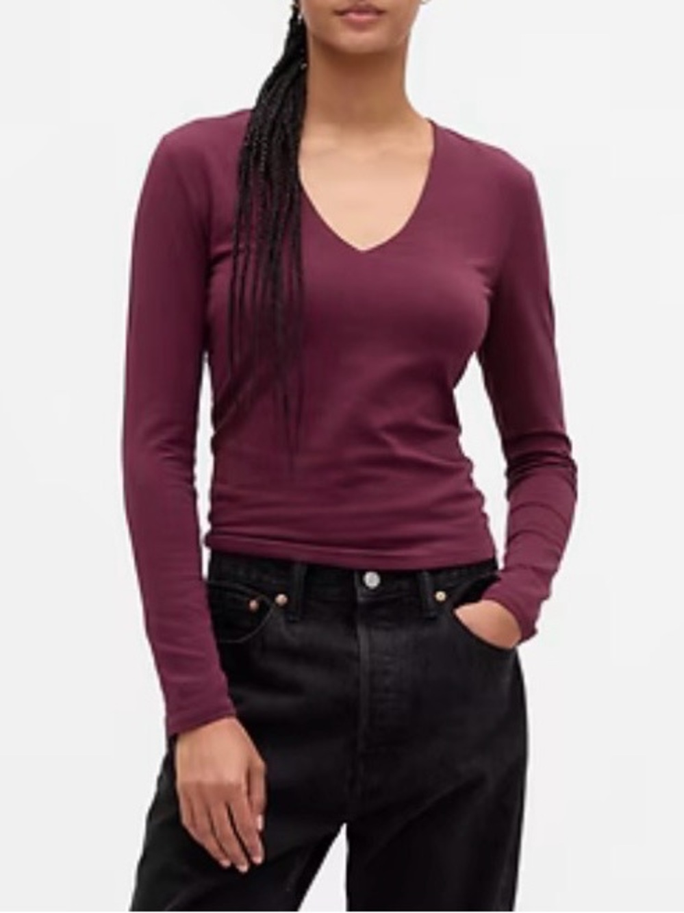 GAP Women's Long-Sleeve V-Neck Top in Burgundy